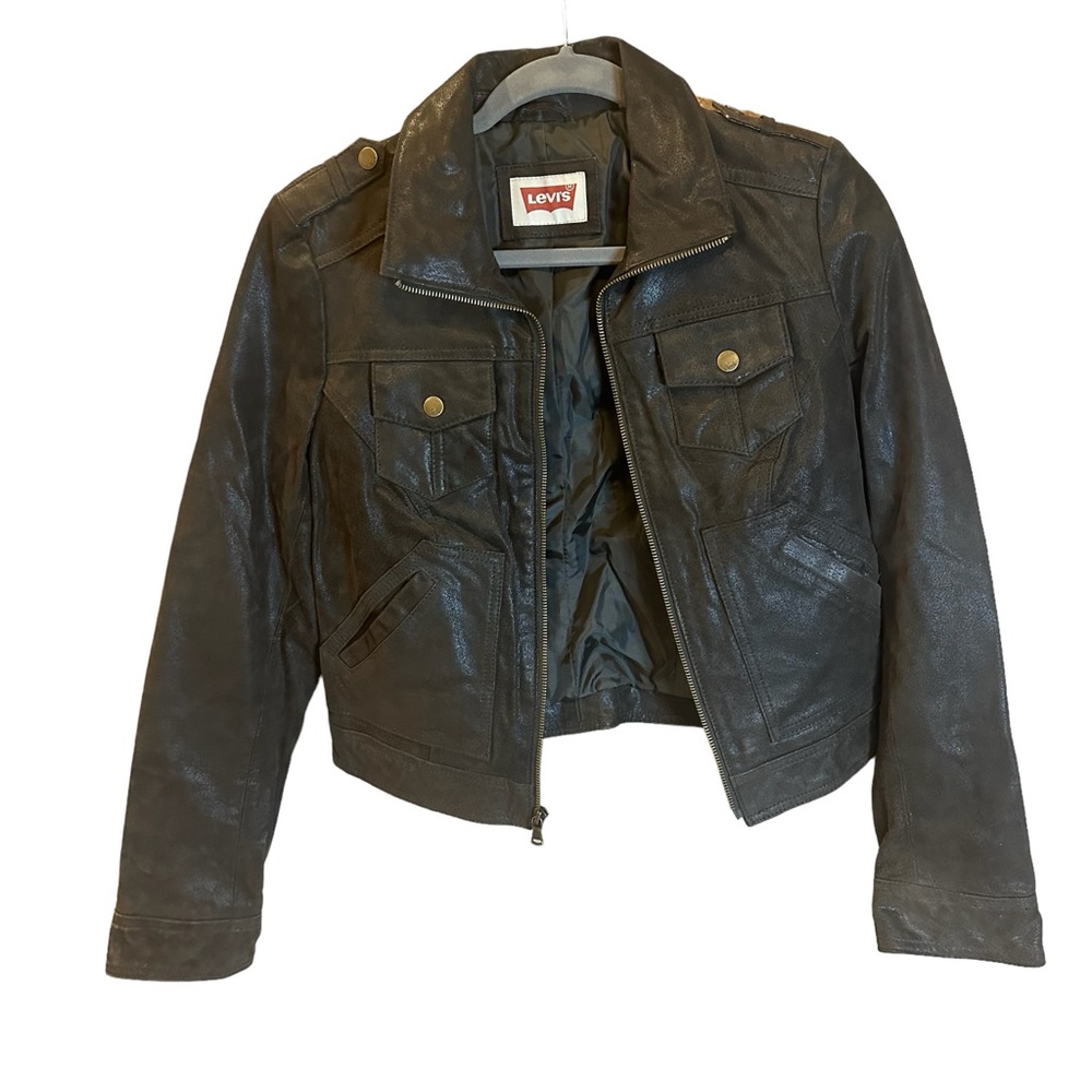 Levi’s Leather Cropped Fitted Brown Women’s Full Zip Jacket Size Small